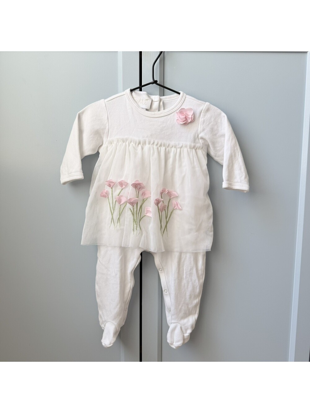 Baby Biscotti White Long-Sleeve Tulle Overlay Floral Romper Dress 6M